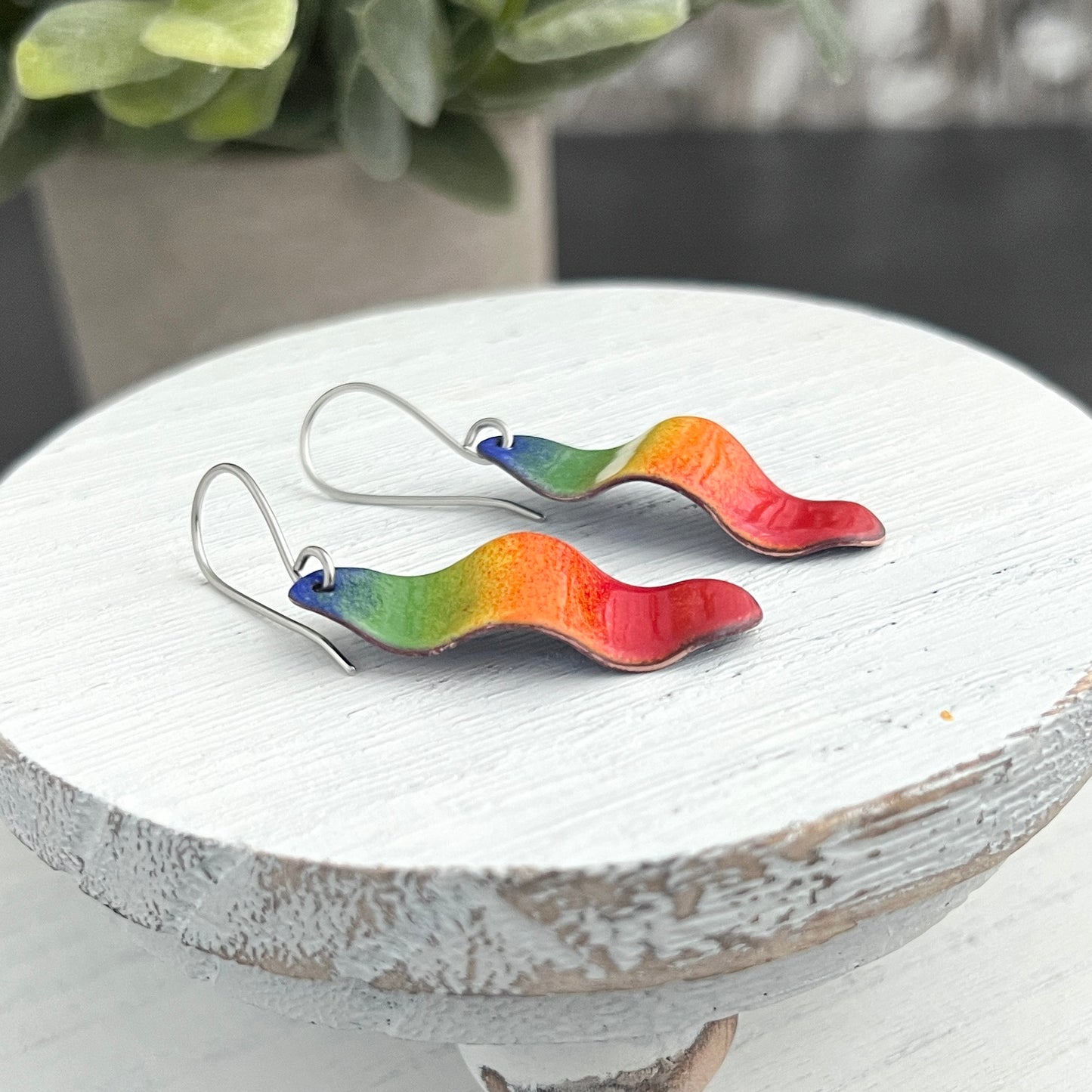 Long Wavy Oval Enamel Earrings
