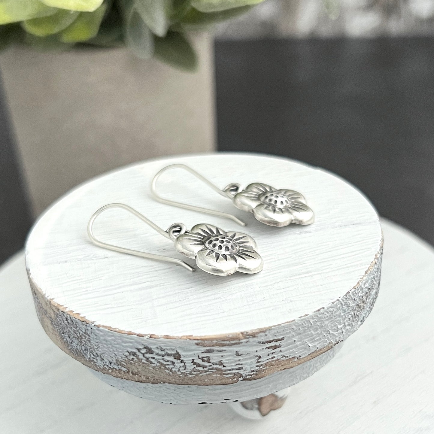 Sterling Silver Puffy Flower Drop Earrings