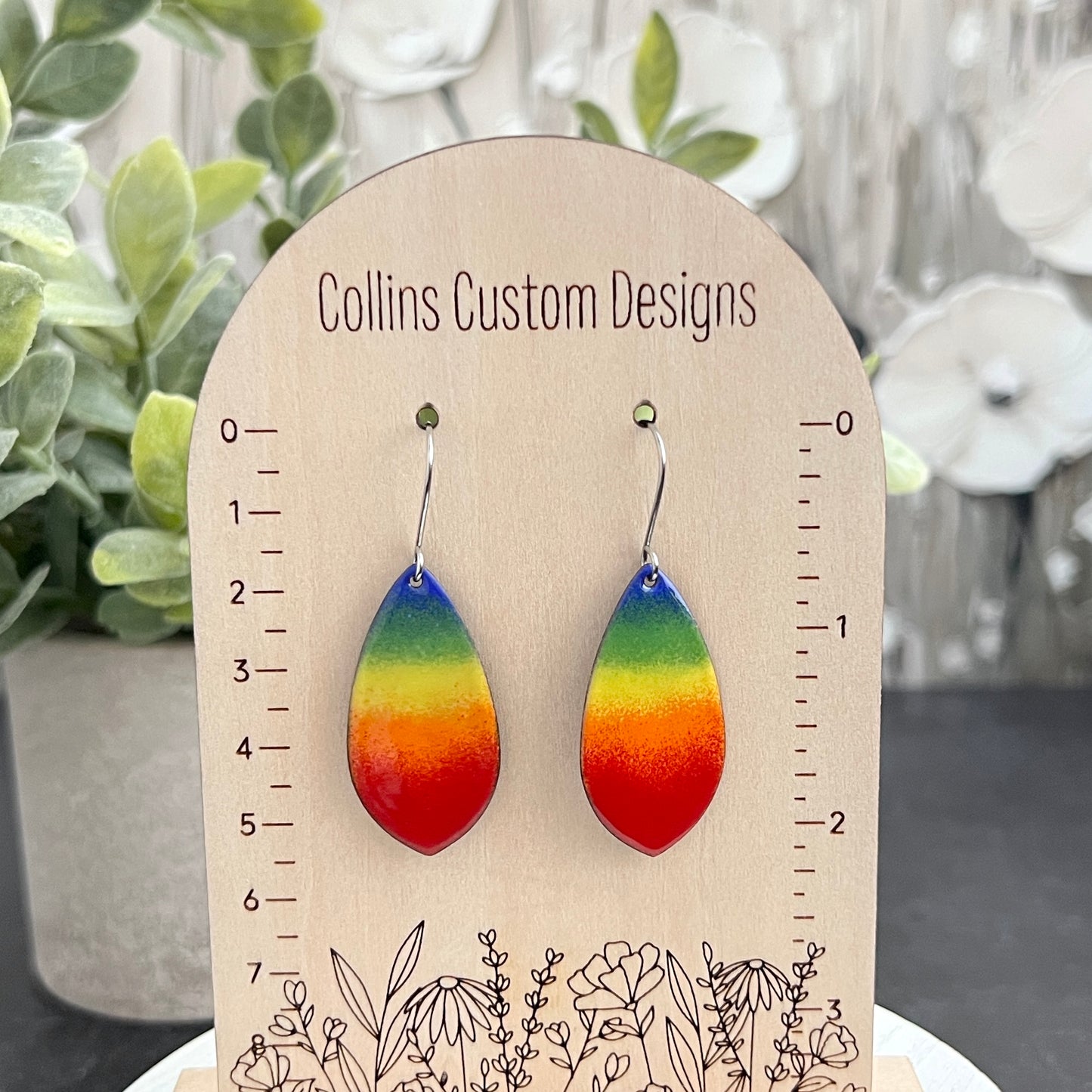 Pointed Teardrop Rainbow Striped Enamel Earrings
