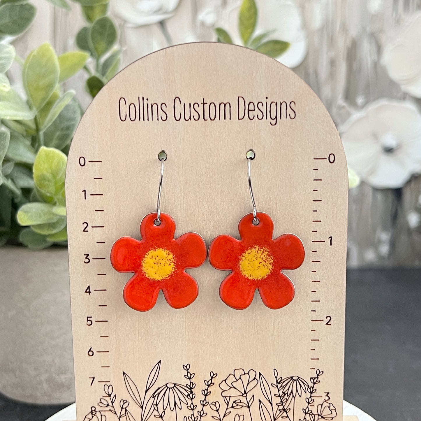 Rounded Five Petal Enamel Flower Earrings