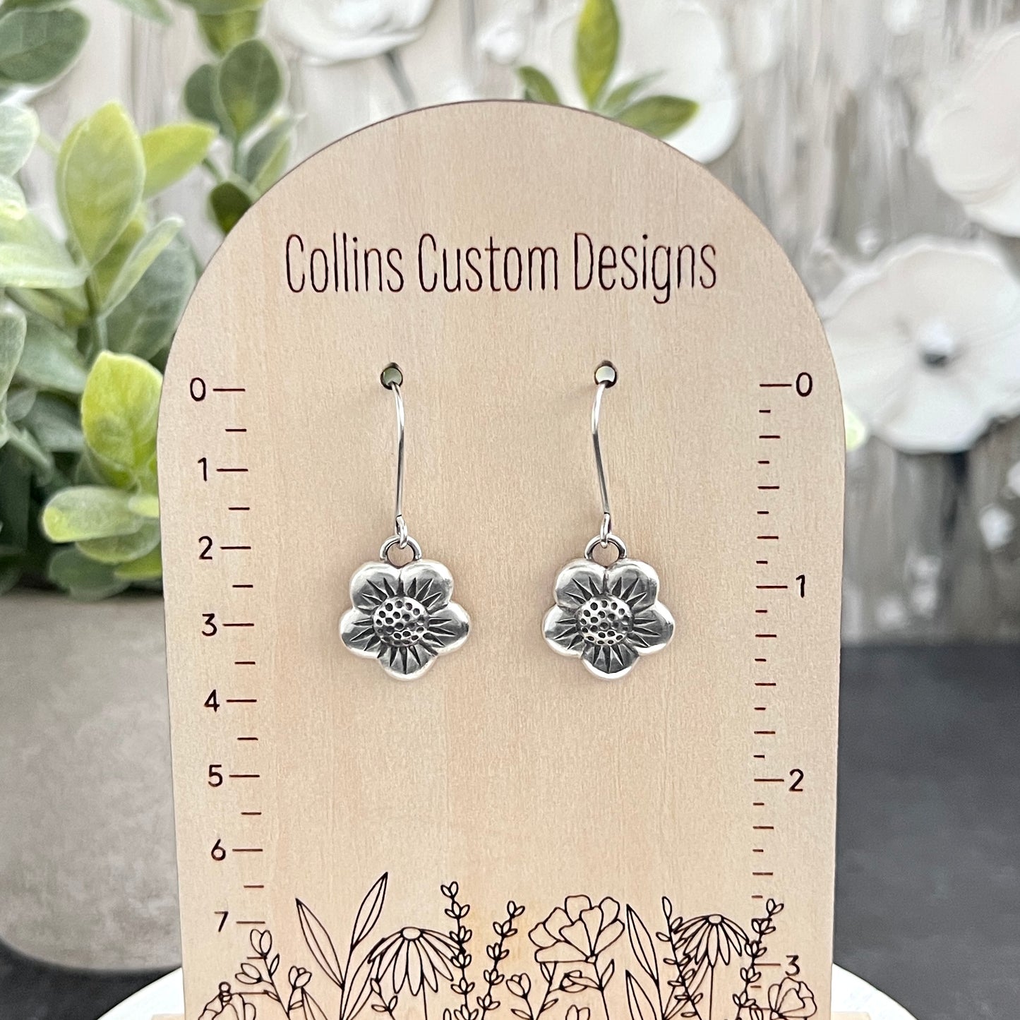 Sterling Silver Puffy Flower Drop Earrings