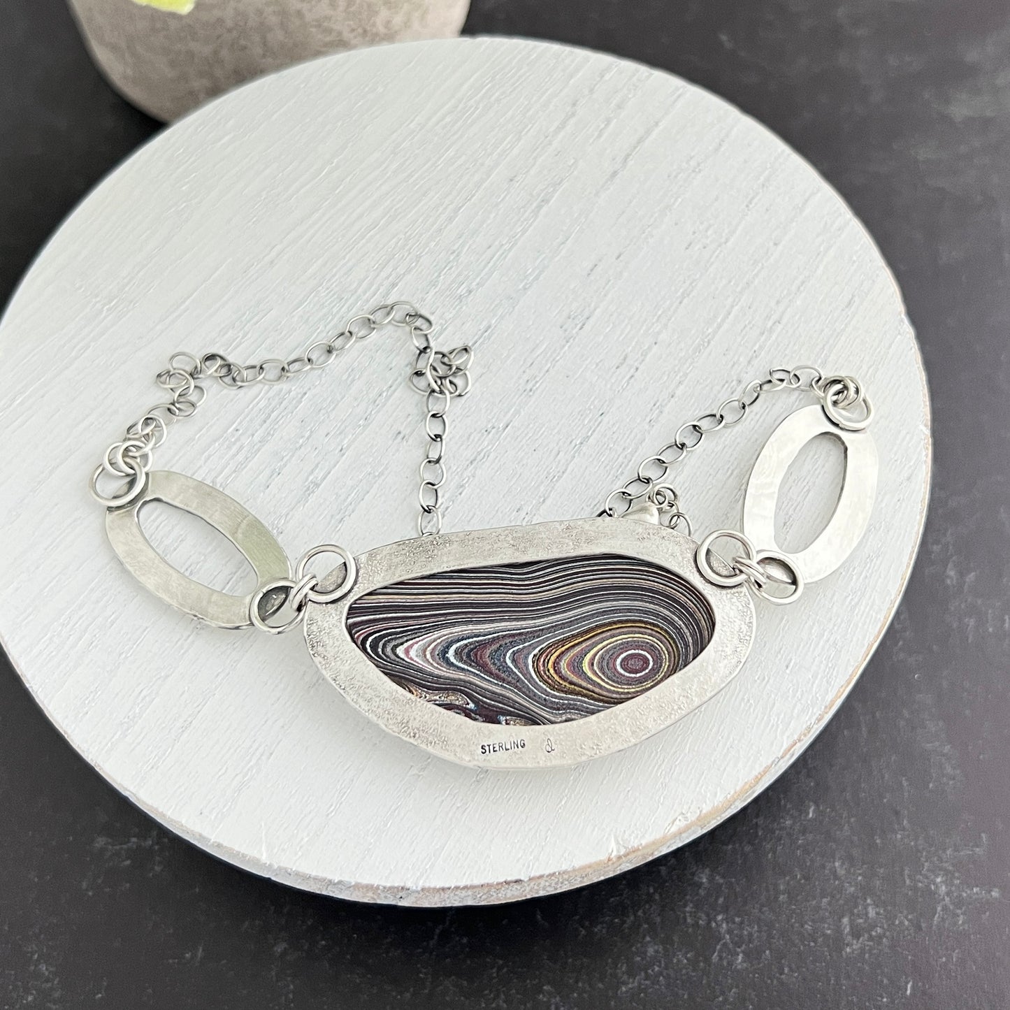 Fordite Necklace with Hand Stamped Centerpiece Links