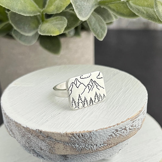 Hand Stamped Mountain Scene Ring