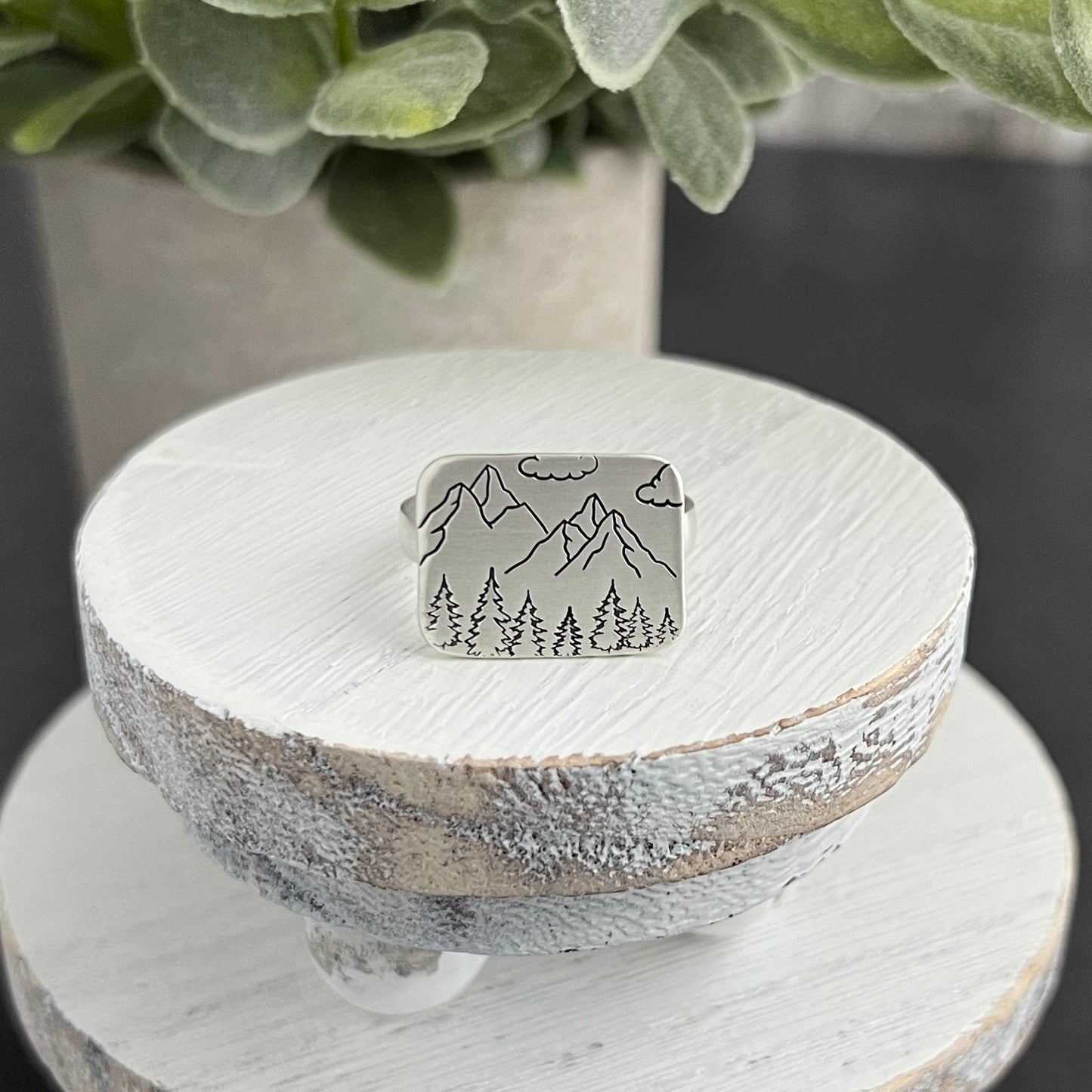 Hand Stamped Mountain Scene Ring