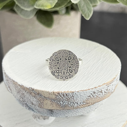 Sterling Hand Stamped Mandala Ring