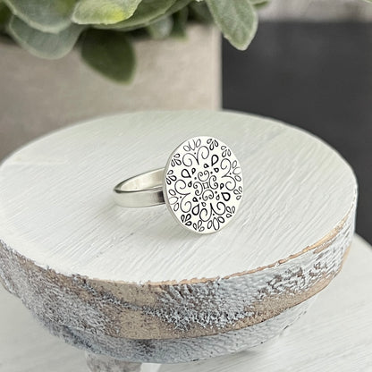 Sterling Hand Stamped Mandala Ring
