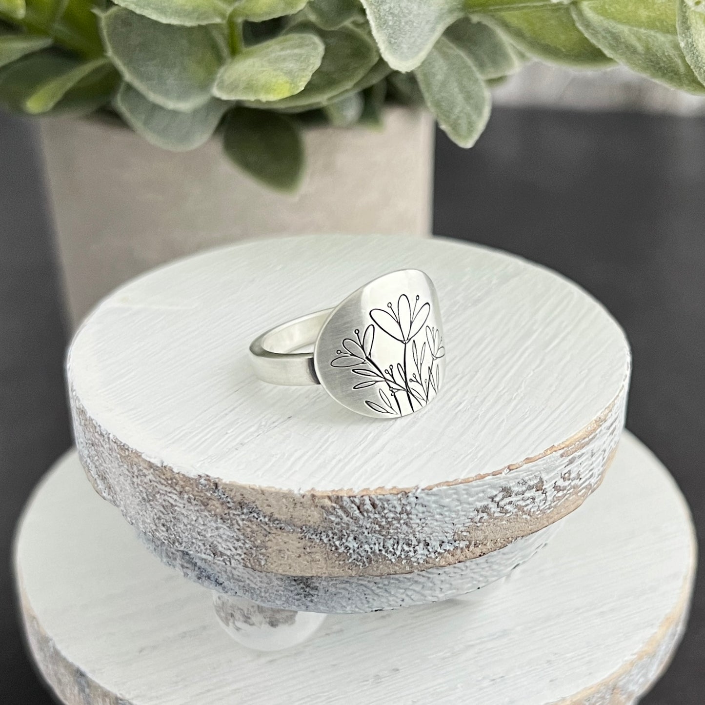 Sterling Silver Floral Hand Stamped Oval Ring