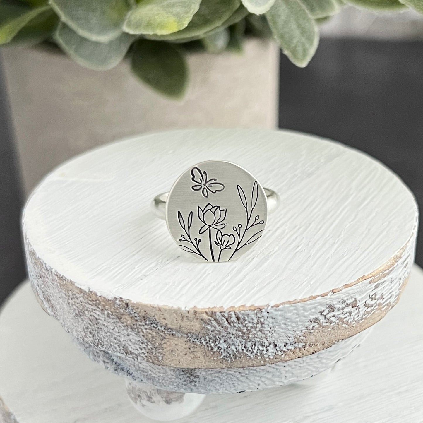 Hand Stamped Flower Scene Ring