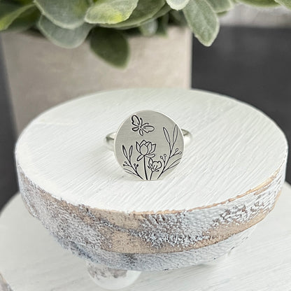 Hand Stamped Flower Scene Ring
