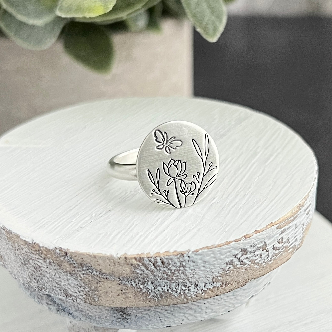 Hand Stamped Flower Scene Ring