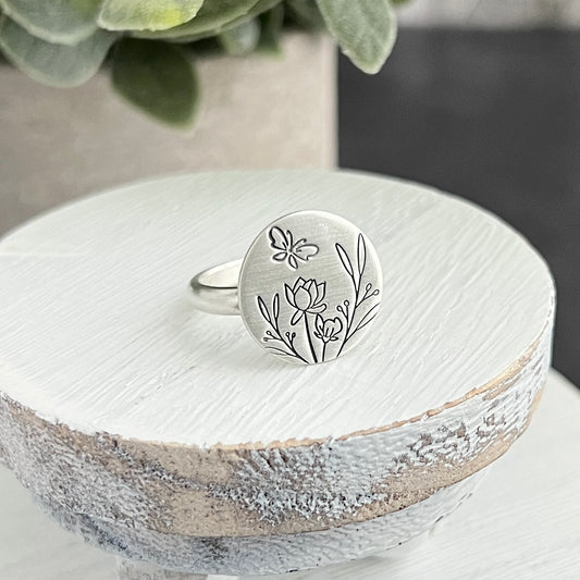 Hand Stamped Flower Scene Ring