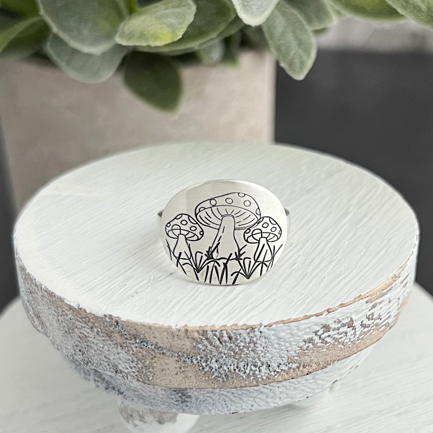 Sterling Silver Mushroom Hand Stamped Oval Ring