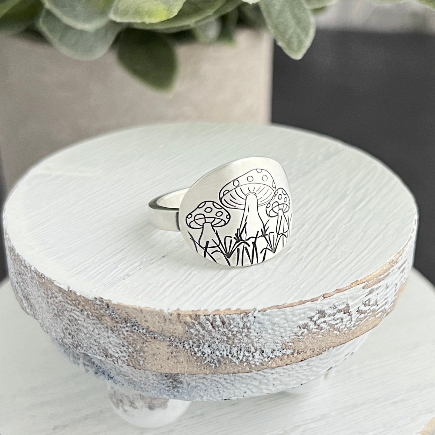 Sterling Silver Mushroom Hand Stamped Oval Ring