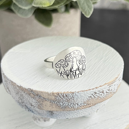 Sterling Silver Mushroom Hand Stamped Oval Ring