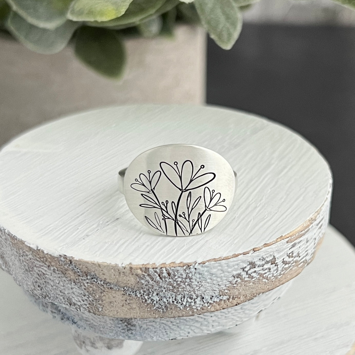 Sterling Silver Floral Hand Stamped Oval Ring