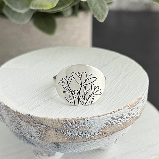 Sterling Silver Floral Hand Stamped Oval Ring
