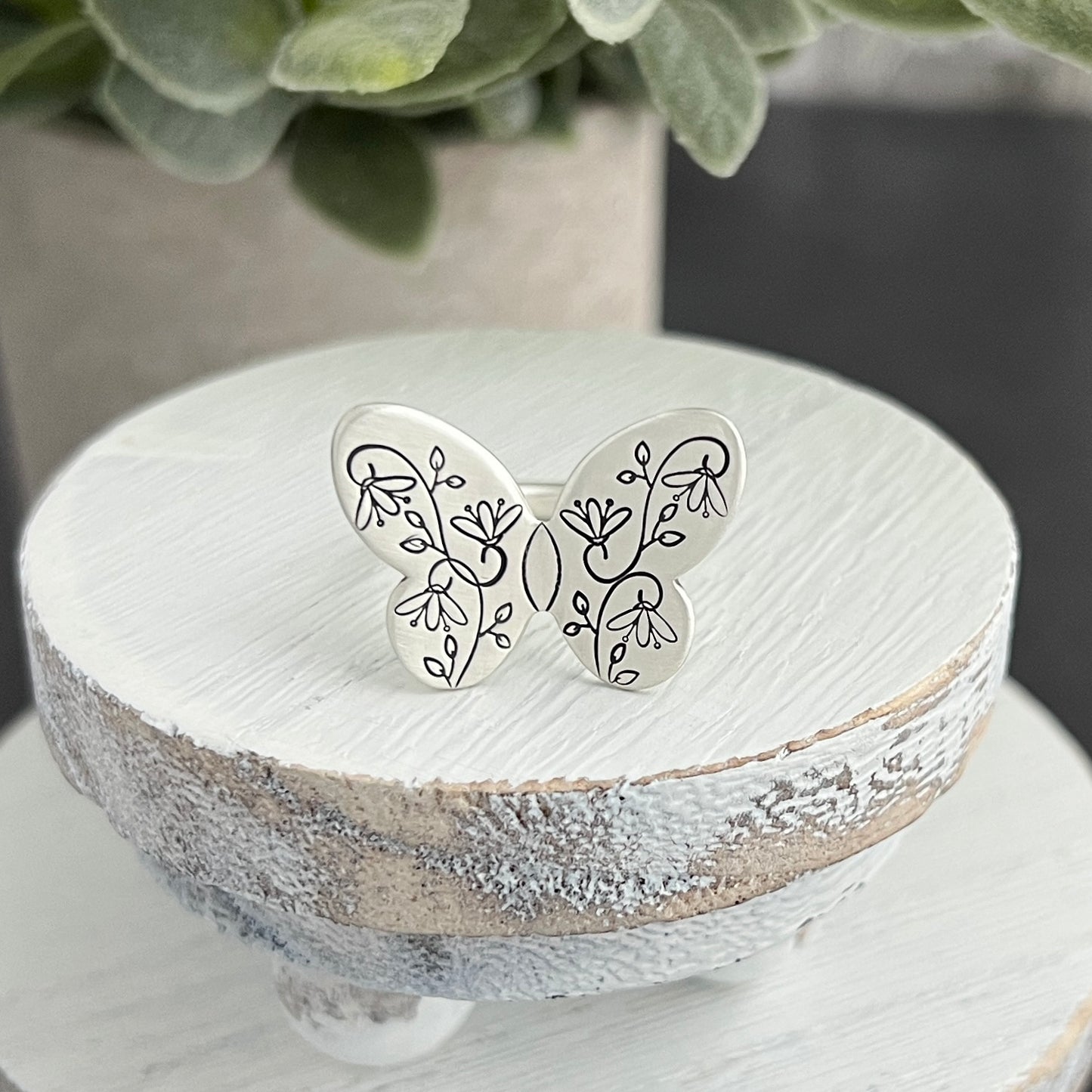 Sterling Silver Hand Stamped Butterfly Ring