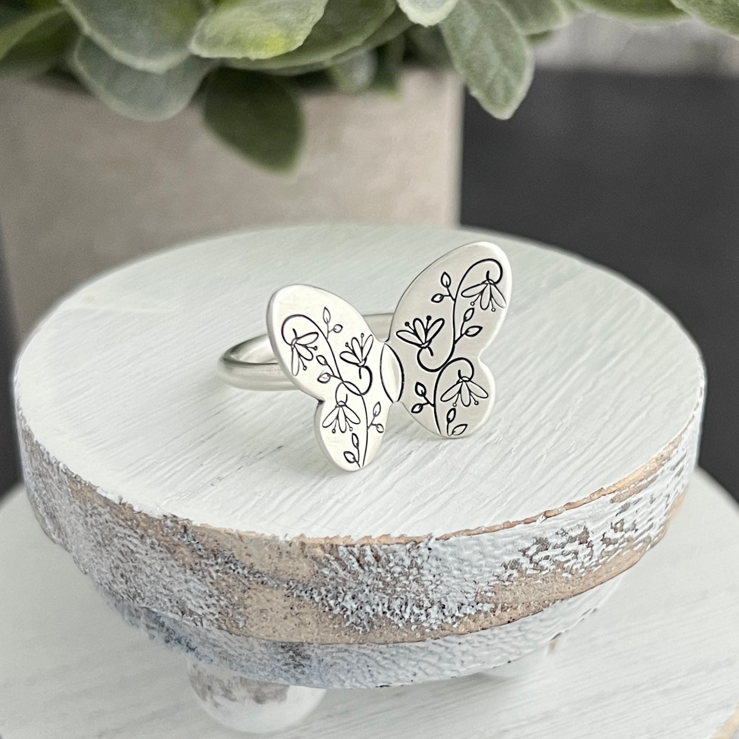 Sterling Silver Hand Stamped Butterfly Ring