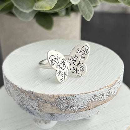 Sterling Silver Hand Stamped Butterfly Ring