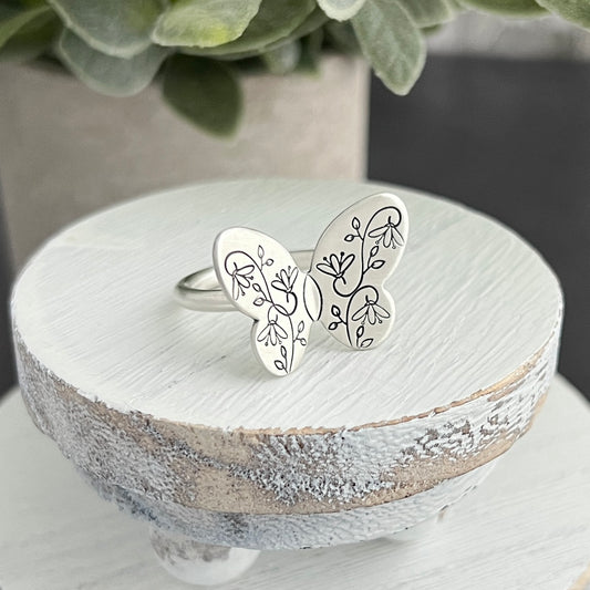 Sterling Silver Hand Stamped Butterfly Ring