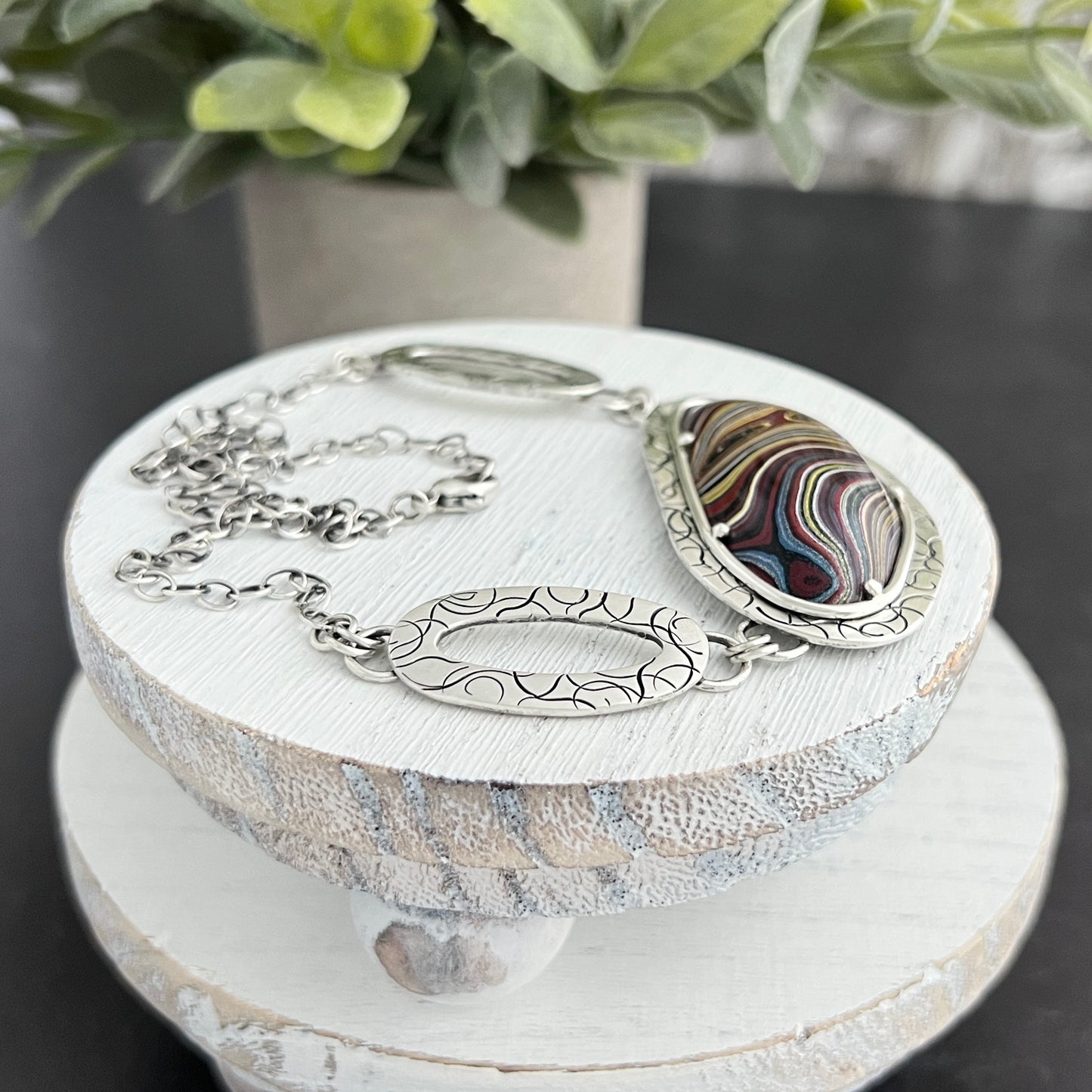 Fordite Necklace with Hand Stamped Centerpiece Links