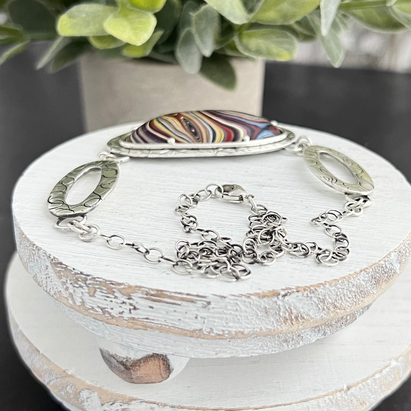 Fordite Necklace with Hand Stamped Centerpiece Links