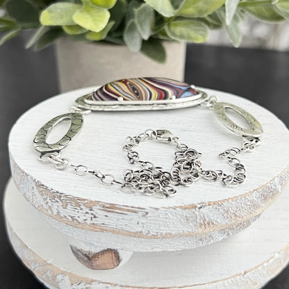 Fordite Necklace with Hand Stamped Centerpiece Links
