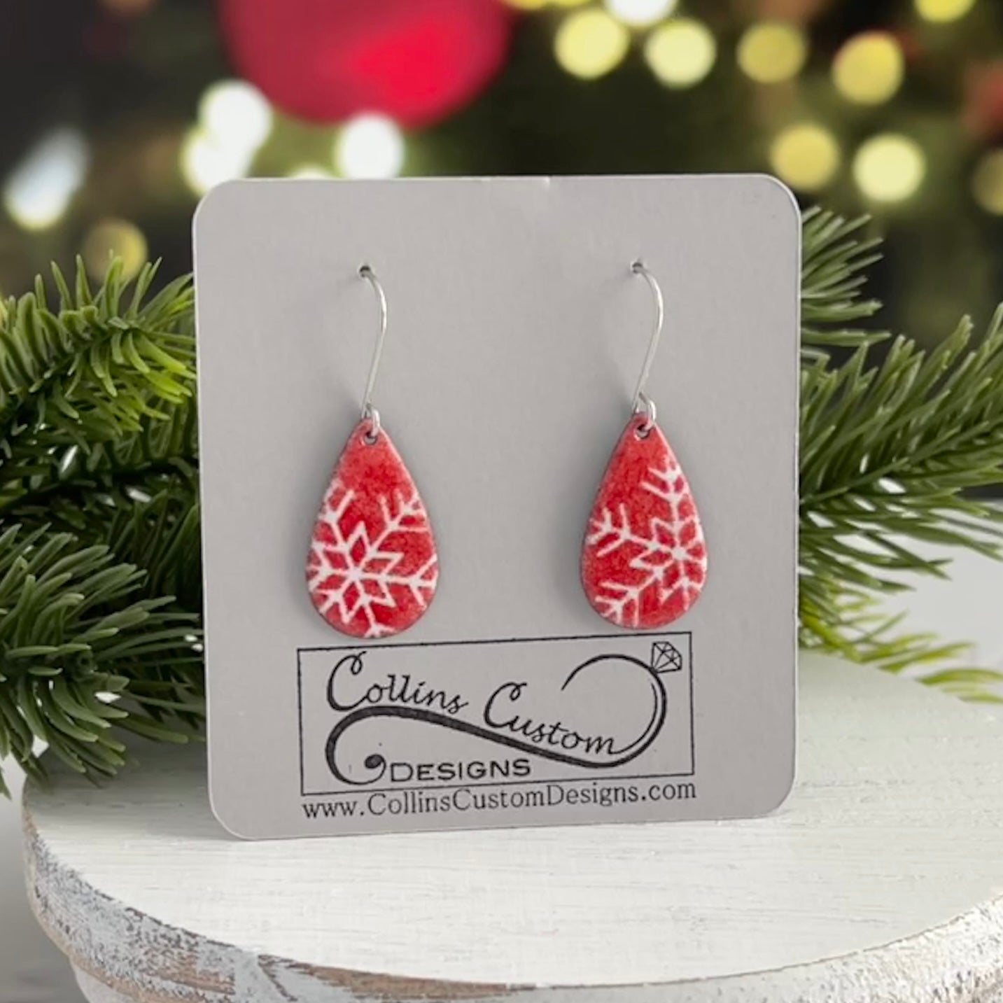 Red Enamel Earrings With White Partial Snowflakes