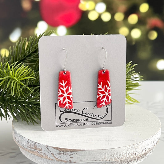 Red Enamel Earrings With White Partial Snowflakes