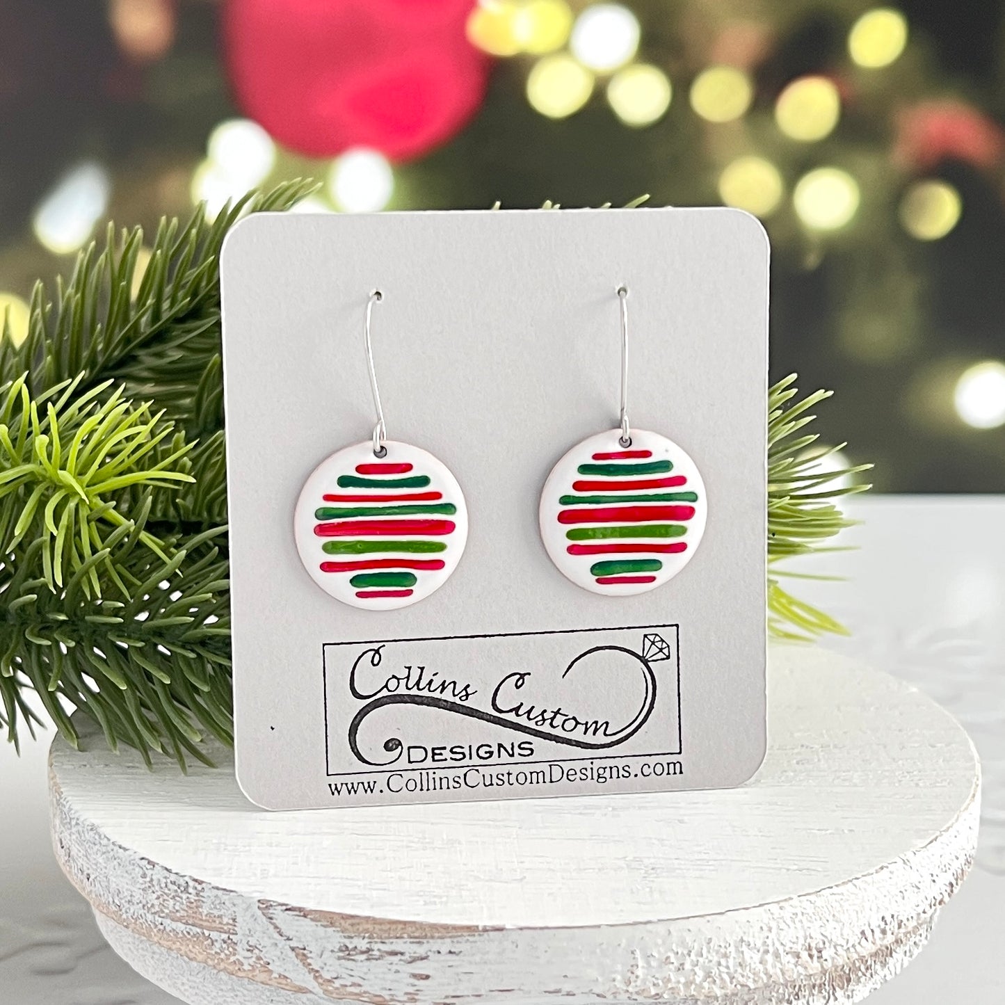 Round White Enamel Earrings With Red and Green Accents