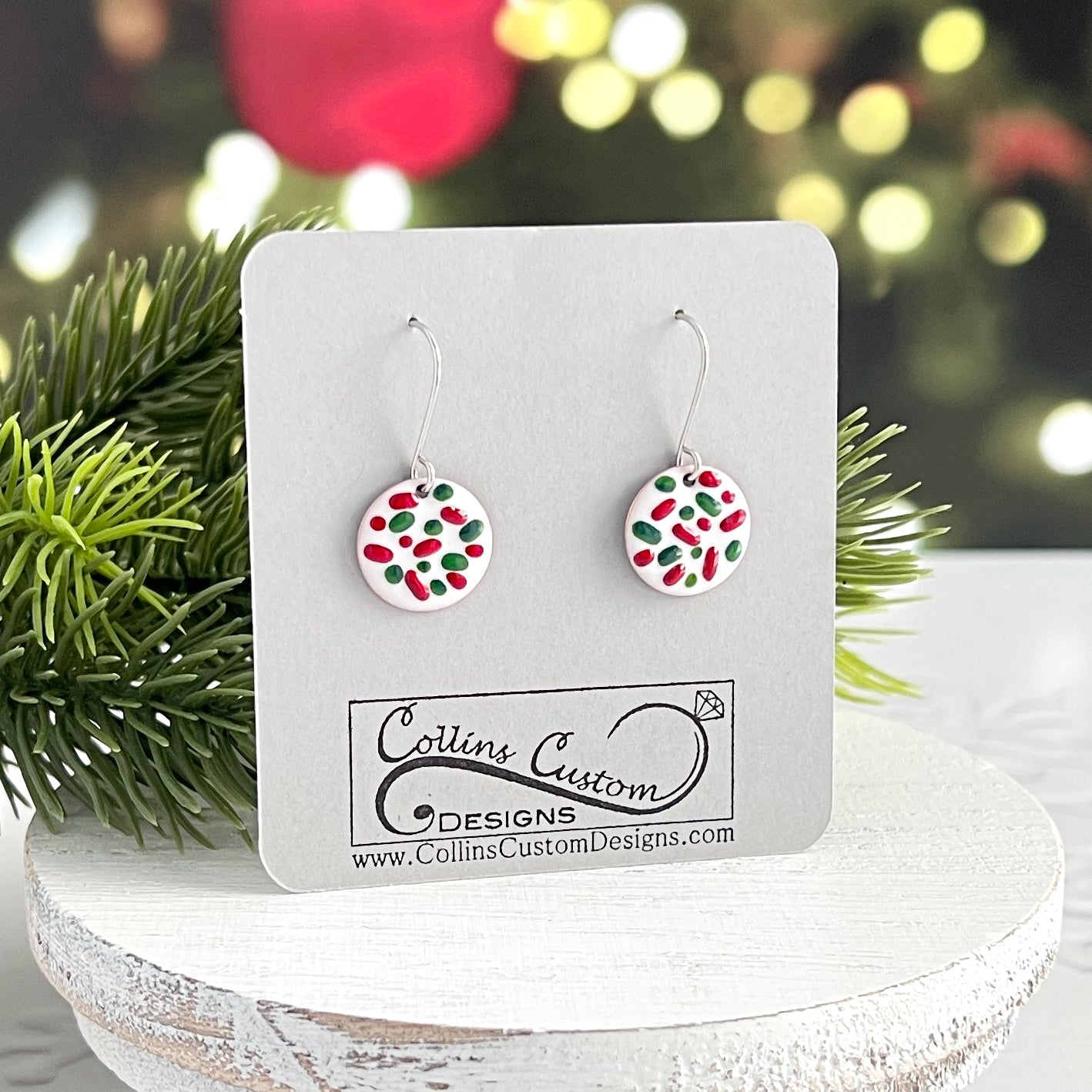 Round White Enamel Earrings With Red and Green Accents