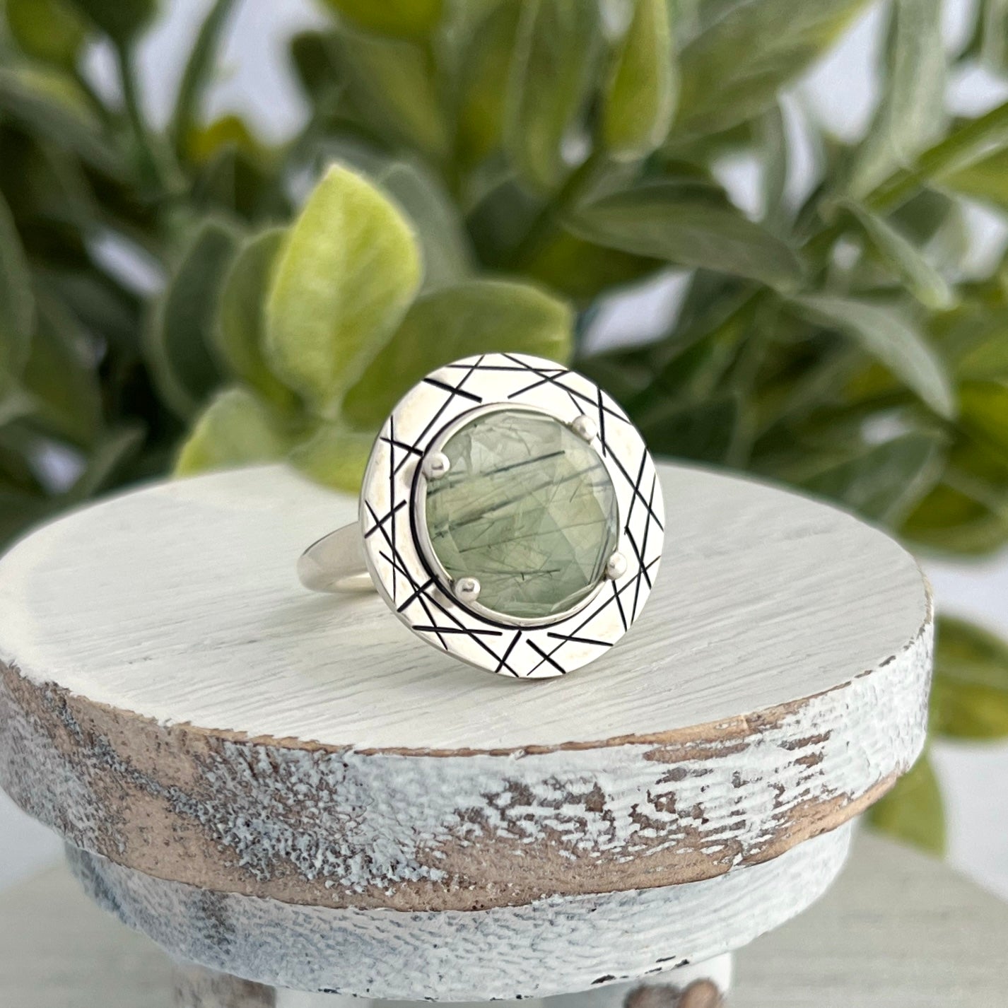 Sterling Silver Prehenite Ring with Abstract Stamped Frame