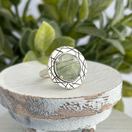 Sterling Silver Prehenite Ring with Abstract Stamped Frame