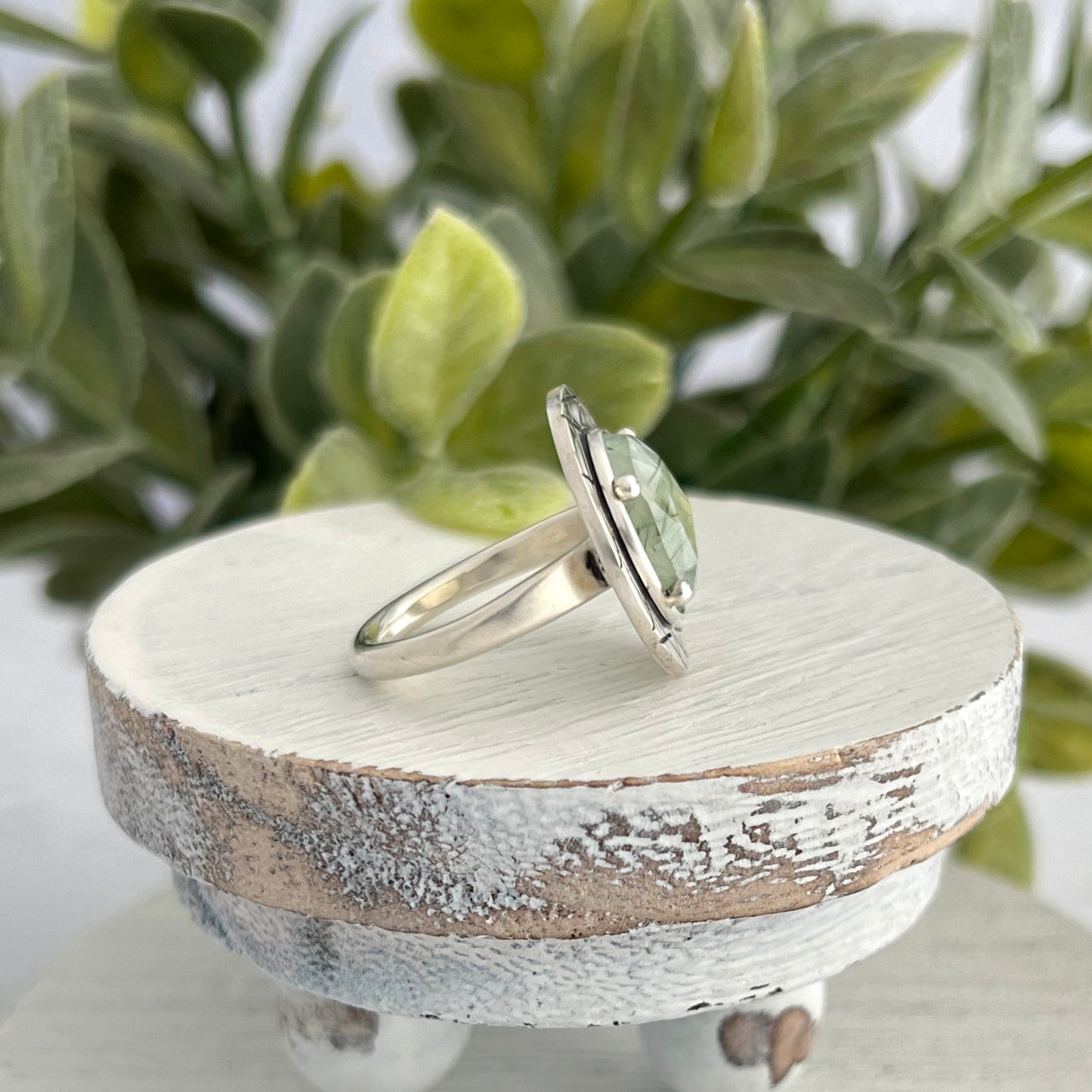 Sterling Silver Prehenite Ring with Abstract Stamped Frame