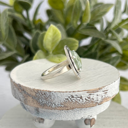Sterling Silver Prehenite Ring with Abstract Stamped Frame