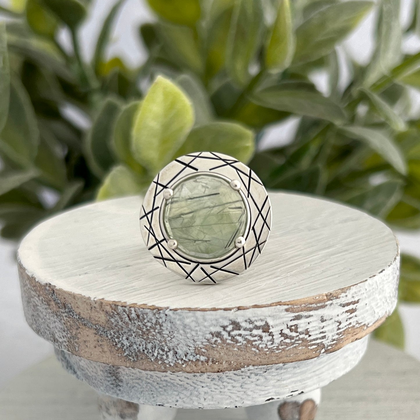 Sterling Silver Prehenite Ring with Abstract Stamped Frame