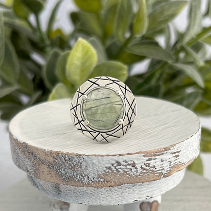 Sterling Silver Prehenite Ring with Abstract Stamped Frame