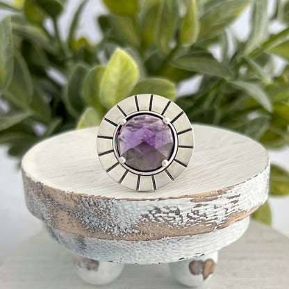 Sterling Silver Amethyst Ring with Decorative Frame