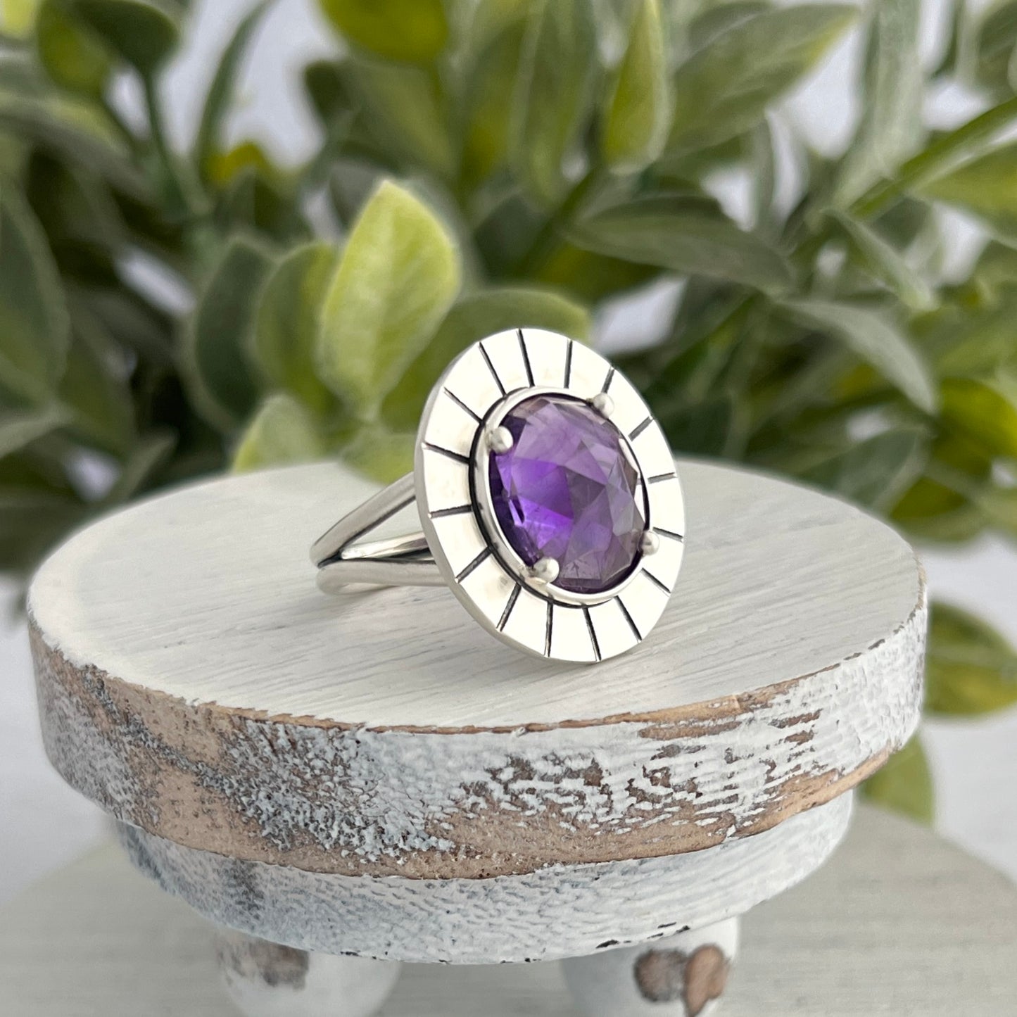 Sterling Silver Amethyst Ring with Decorative Frame