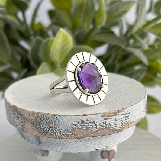 Sterling Silver Amethyst Ring with Decorative Frame
