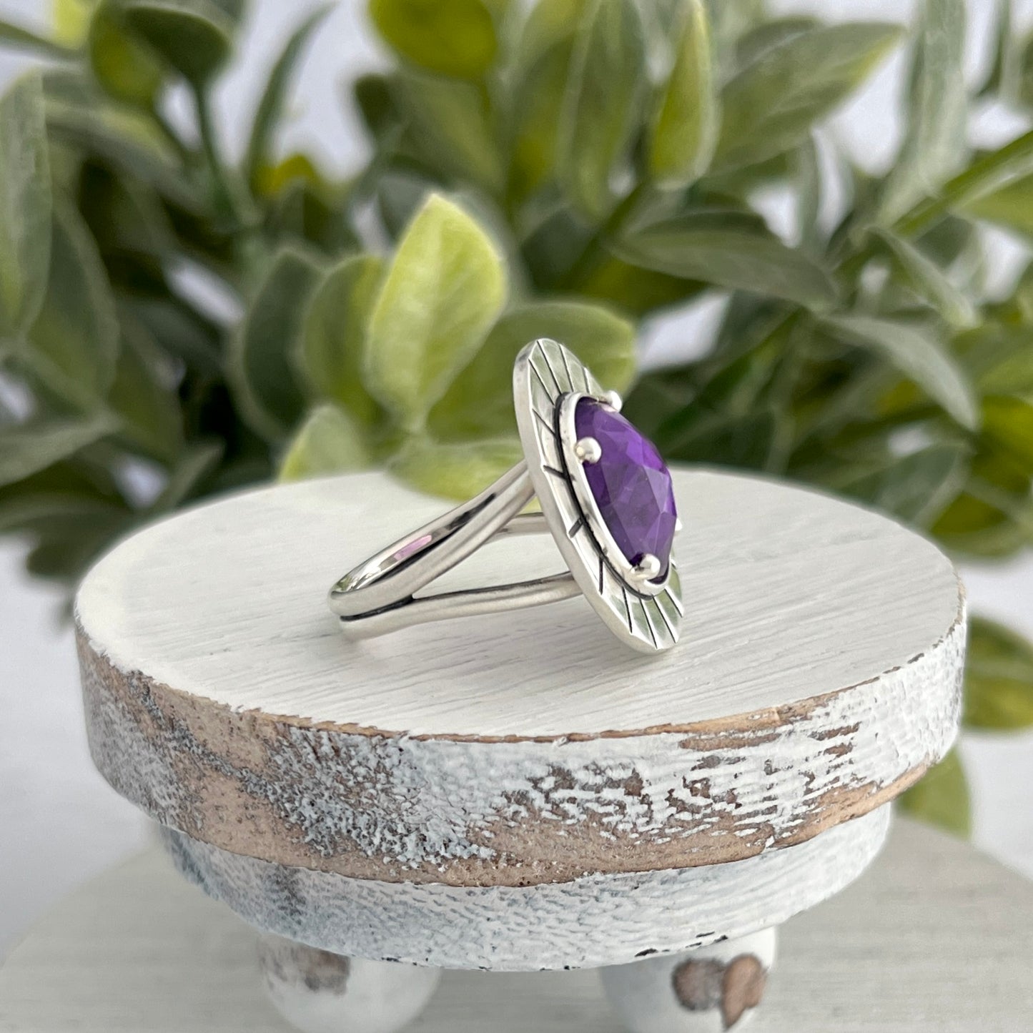 Sterling Silver Amethyst Ring with Decorative Frame