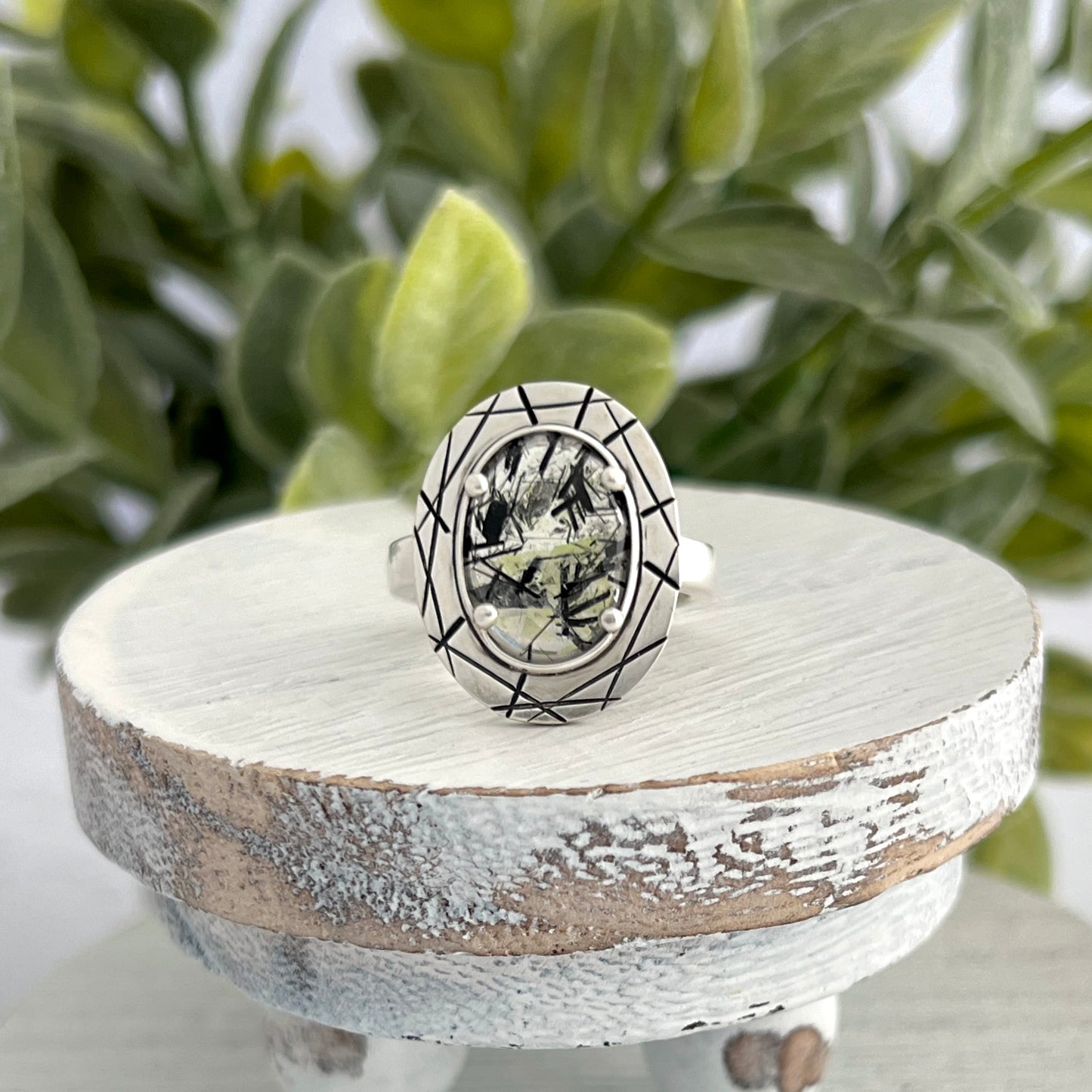 Sterling Silver Black Tourmalinated Quartz Ring with Abstract Stamped Frame