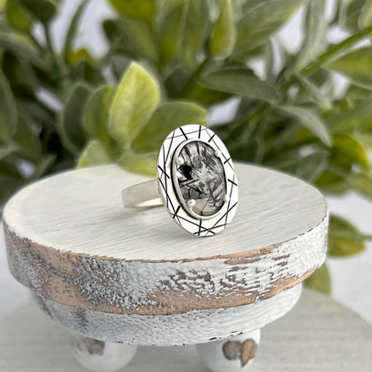 Sterling Silver Black Tourmalinated Quartz Ring with Abstract Stamped Frame
