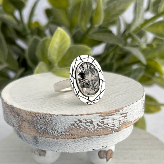 Sterling Silver Black Tourmalinated Quartz Ring with Abstract Stamped Frame