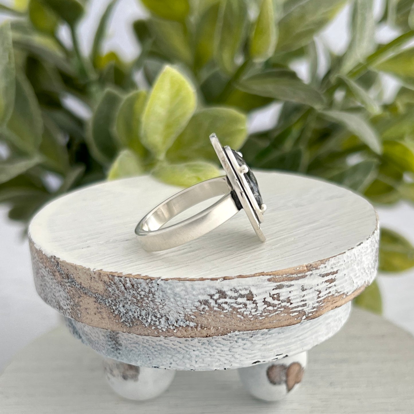 Sterling Silver Black Tourmalinated Quartz Ring with Abstract Stamped Frame