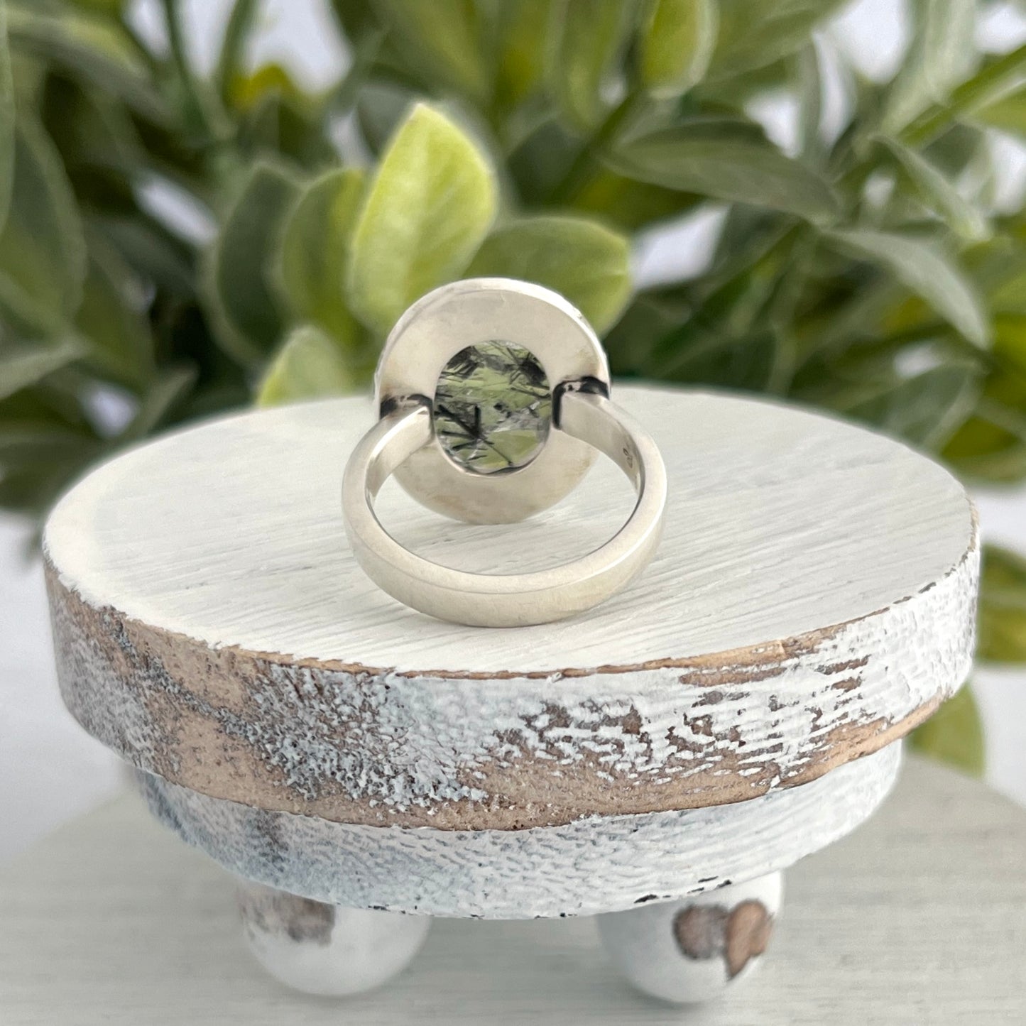 Sterling Silver Black Tourmalinated Quartz Ring with Abstract Stamped Frame