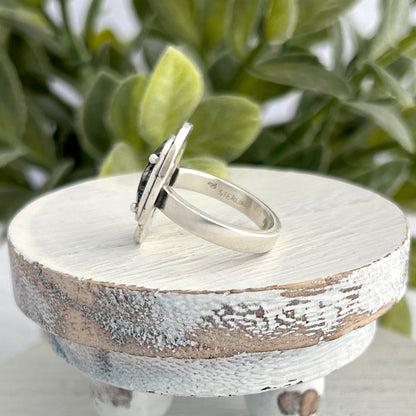 Sterling Silver Black Tourmalinated Quartz Ring with Abstract Stamped Frame