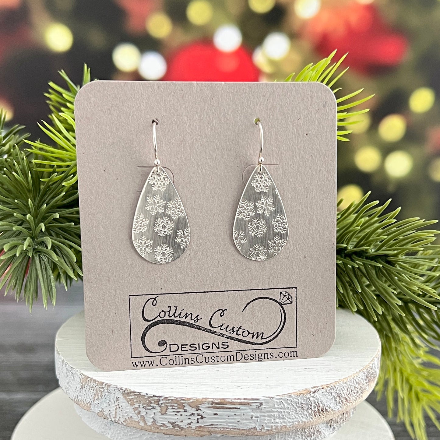 Sterling Silver Teardrop Earrings With Tiny Snowflake Impressions