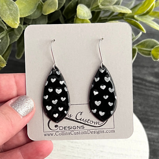 Pointed Teardrop Enamel Earrings-Black with White Hearts