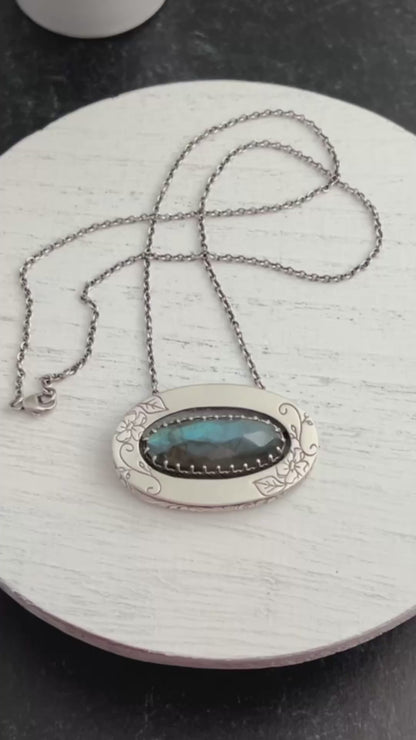 Hand Stamped Sterling Silver Oval Frame Labradorite Necklace